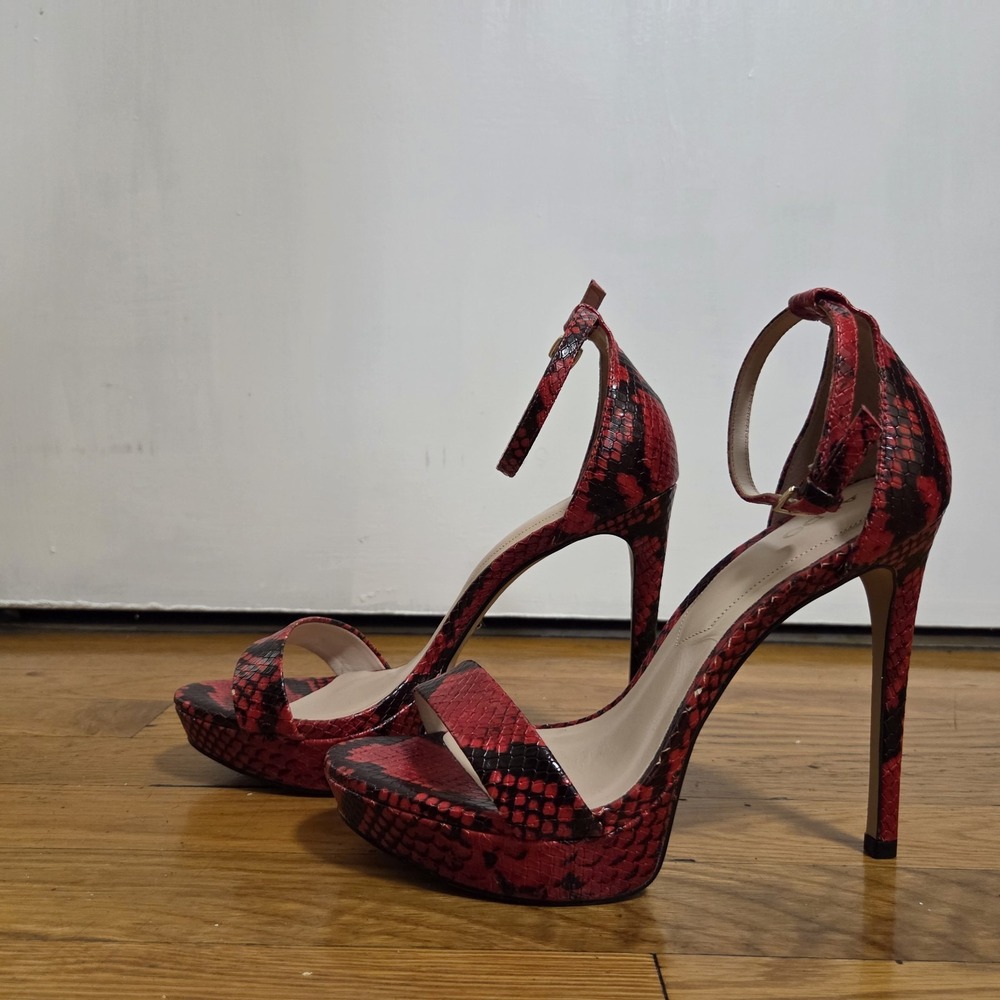 Aldo Womens  Open Toe Sexy Red Snakeskin 5" Stilettos Ankle Strap US 7.5 - Picture 2 of 12